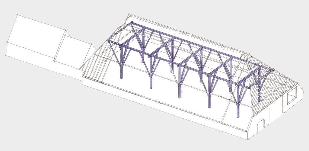 Zijlvesterweg 6. Opengewerkte tekening van de schuur uit de late 18e eeuw. 