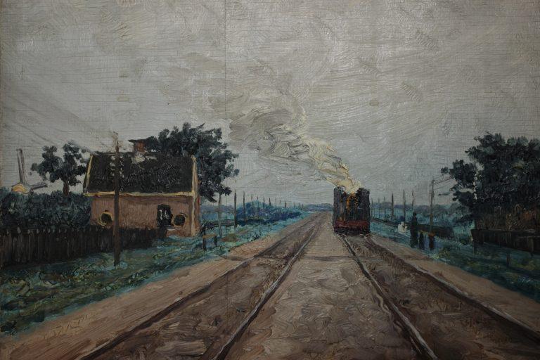 Olieverfschilderij van Gerrit van Houten: ‘zicht op aankomende trein uit Holland’ op een paneeldeur in zijn ouderlijk huis aan het Damsterdiep 215. Collectie: Gerrit van Houten Stichting