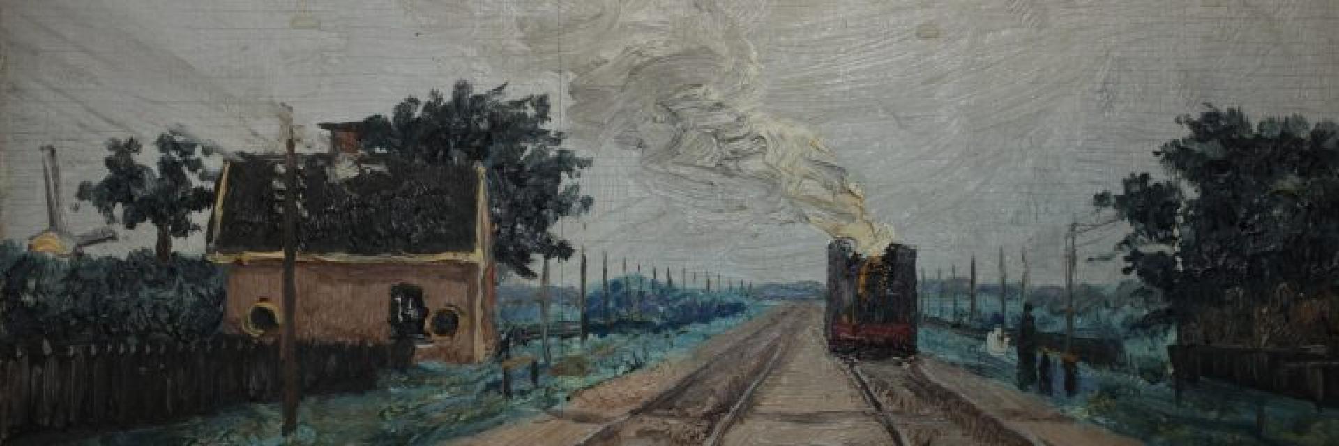 Olieverfschilderij van Gerrit van Houten: ‘zicht op aankomende trein uit Holland’ op een paneeldeur in zijn ouderlijk huis aan het Damsterdiep 215. Collectie: Gerrit van Houten Stichting
